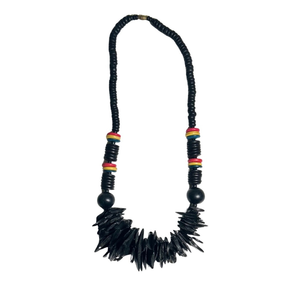 VINTAGE Tribal Statement Black Chunky Coconut Wood Beaded Necklace 24”